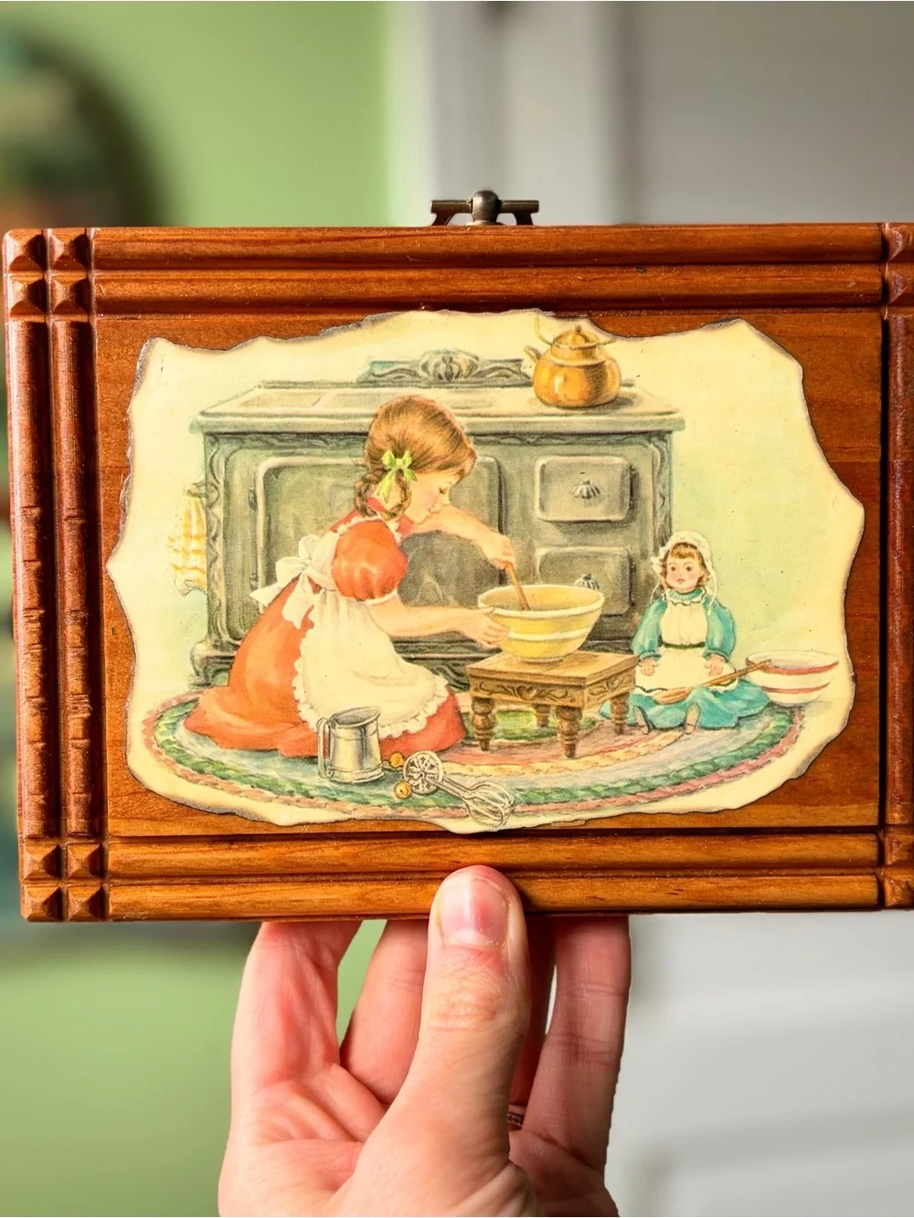 Vintage 1970s Wooden Plaque with Illustration of Girl Baking with Doll